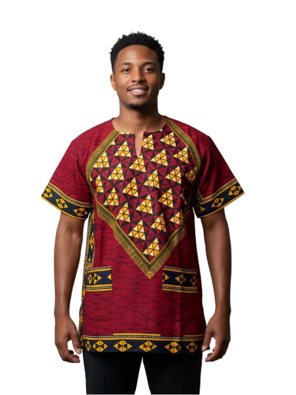 Men's Burgundy African Print Short Sleeve Dashiki Top